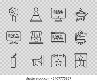 Set line Dynamite bomb, American flag, USA on monitor, Trumpet, Balloons, Patriotic top hat, Calendar with date July 4 and Shield stars icon. Vector