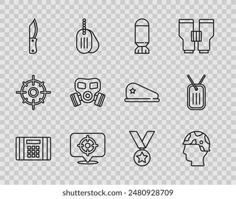 Set line Dynamite Bombe, Armeesoldat, Luftfahrt, Zielsport, Militärmesser, Gasmaske, Belohnungsmedaille und Hundemarke-Symbol. Vektorgrafik