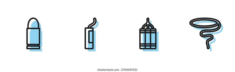 Establecer línea de la bomba de dinamita, bala, y el icono de lazo. Vector