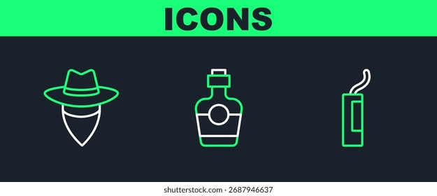 Set line Bomba de dinamita, icono de botella de vaquero y tequila. Vector