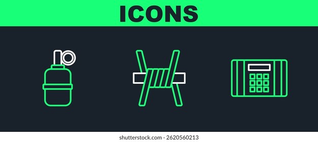 Set line Dynamite bomb, Hand grenade and Barbed wire icon. Vector