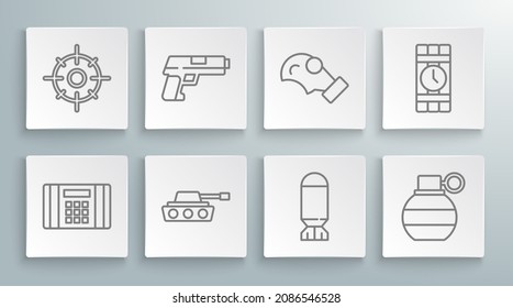 Fijar línea Bomba dinamita, Pistol o pistola, tanque militar, aviación, granada de mano, máscara de gas, reloj de cronómetro e icono deportivo Target. Vector