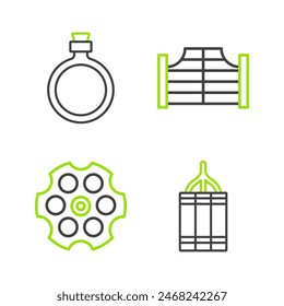 Set line Dynamite bomb, Revolver cylinder, Saloon door and Canteen water bottle icon. Vector