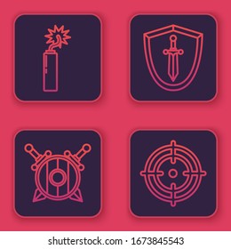 Set line Dynamite bomb stick clock, Wooden shield with crossed swords, Medieval shield with sword and Target sport. Blue square button. Vector