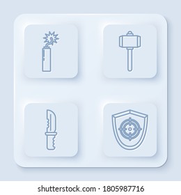 Set line Dynamite bomb stick clock, Battle hammer, Military knife and Target sport. White square button. Vector