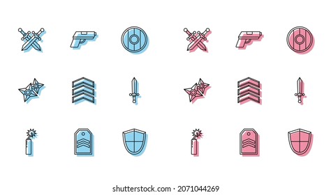 Set Linie Dynamite Bombe-Takt, Chevron, Crossed mittelalterliches Schwert, Schild, Militärrang, Mittelalter, japanische Ninja-Shuriken und Pistol Pistol Pistole Symbol. Vektorgrafik