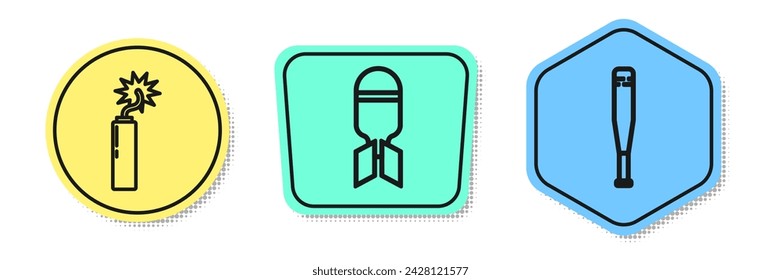 Set line Dynamite bomb stick clock, Aviation bomb and Baseball bat. Colored shapes. Vector