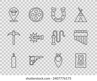 Set Linie Dynamite Bombe, Wanted Western Poster, Horseshoe, Revolver Pistole, Location Cowboy, Spur, Cowboy bandana und Pan Flöte Ikone. Vektorgrafik