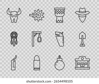Bomba de dinamita, berlina del oeste salvaje, tambor, bala, cráneo de búfalo, horca, bomba lista para explotar e icono de pala. Vector