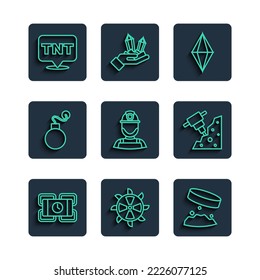 Set line Dynamite, Bucket wheel excavator, Giant magnet holding iron dust, Gem stone, Miner helmet, Bomb,  and Construction jackhammer icon. Vector