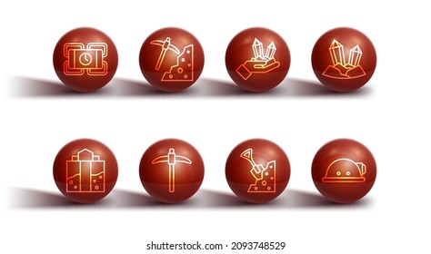Set line Dynamite, Mine entrance, Gem stone, Shovel and, Pickaxe, Miner helmet and  icon. Vector