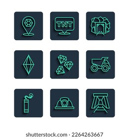Set line Dynamite, Miner helmet, entrance, Gem stone,  and Mining dump truck icon. Vector