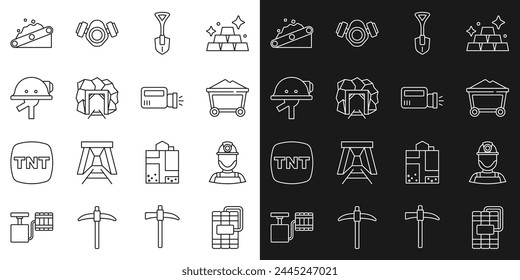 Set line Dinamita, Minero en casco, carro de carbón, Pala, entrada, Cinta transportadora de transporte e icono de linterna. Vector