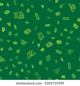 Set line Dynamite, Miner helmet and Gem stone on seamless pattern. Vector