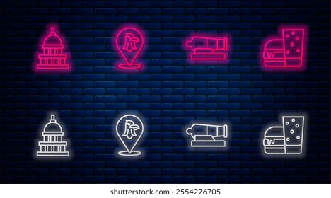 Set line Eagle, Cannon, White House and Burger. Glowing neon icon on brick wall. Vector