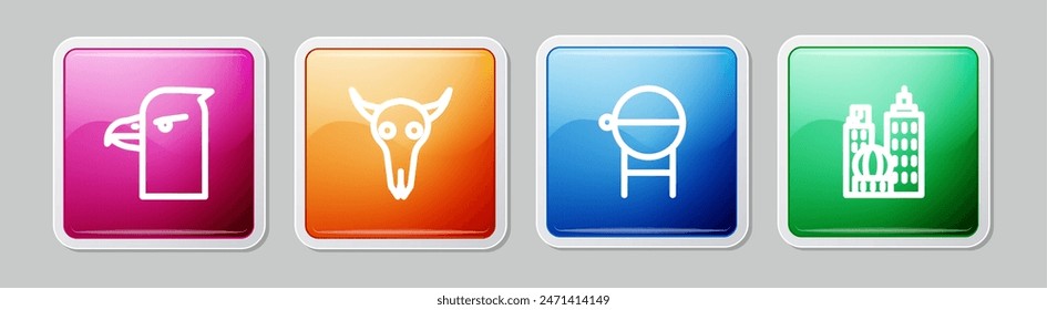 Set line Eagle head, Buffalo skull, Barbecue grill and City landscape. Colorful square button. Vector