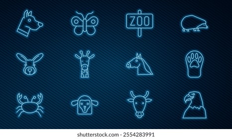 Set line Eagle head, Paw print, Zoo park, Giraffe, Rabbit, Dog, Horse and Butterfly icon. Vector