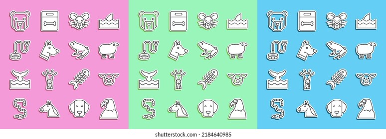 Set line Eagle head, Pig, Sheep, Rat, Dog, Collar with name tag, Bear and Frog icon. Vector