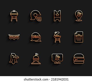 Set line Eagle, White House, Barbecue grill, Burger, USA Independence day, Declaration of independence and  icon. Vector