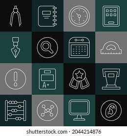 Set line Ear listen sound signal, Stage stand, Protractor grid, Clock, Magnifying glass, Fountain pen nib, Drawing compass and Calendar icon. Vector