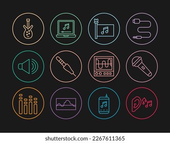 Set line Ear listen sound signal, Microphone, Music festival flag, Audio jack, Speaker volume, Electric bass guitar, Oscilloscope and Laptop with music note icon. Vector