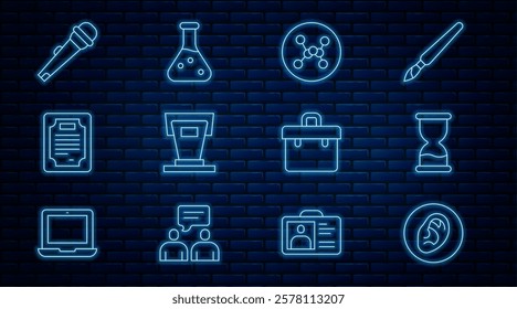 Set line Ear listen sound signal, Old hourglass, Chemical formula, Stage stand, Certificate template, Microphone, Briefcase and Test tube icon. Vector