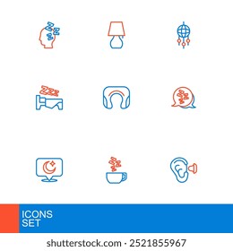 Set line Earplugs e orelha, chá de camomila, estrelas da lua, sonolento, tempo para dormir, travesseiro pescoço de viagem, caçador de sonhos com penas e ícone de lâmpada de mesa. Vetor