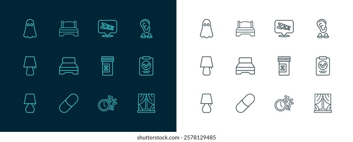 Set line Earplugs and ear, Sleeping pill, Alarm clock, Big bed, Sleepy, Ghost and  icon. Vector