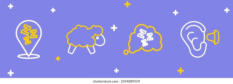 Set line Earplugs and ear, Sleepy, Sheep and  icon. Vector