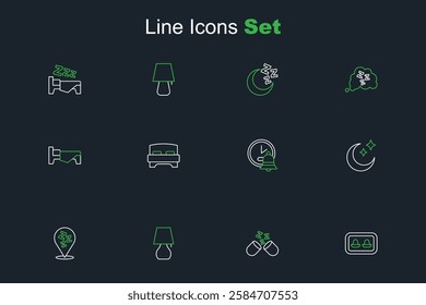 Set line Earplugs with storage box, Sleeping pill, Table lamp, Sleepy, Moon and stars, Alarm clock, Big bed and Bed icon. Vector