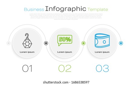 Set line Earring, Fifty discount percent tag and Stacks paper money cash. Business infographic template. Vector