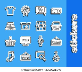 Set line Earring, Hanging sign with Closed, Shopping basket, Discount percent tag, Carton cardboard box, Skirt, T-shirt and Gift icon. Vector