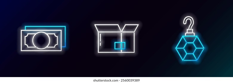 Set line Earring, Stacks paper money cash and Carton cardboard box icon. Glowing neon. Vector