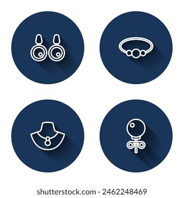 Set line Earrings, Bracelet jewelry, Necklace on mannequin and Stud earrings with long shadow. Blue circle button. Vector