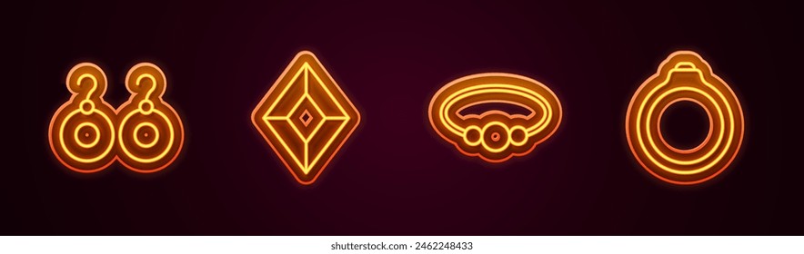 Set line Earrings, Gem stone, Bracelet jewelry and Diamond engagement. Glowing neon icon. Vector