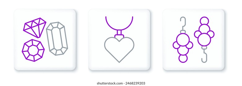 Set line Pendientes, piedra preciosa y collar con icono de colgante en forma de corazón. Vector
