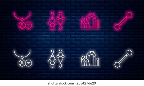 Set line Earrings, Gem stone, Locket necklace and Piercing. Glowing neon icon on brick wall. Vector