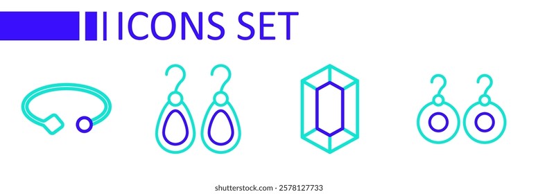Set line Earrings, Gem stone,  and Bracelet jewelry icon. Vector