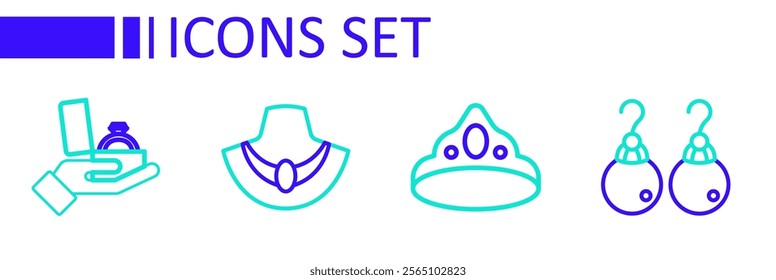 Set line Earrings, King crown, Necklace on mannequin and Diamond engagement box icon. Vector
