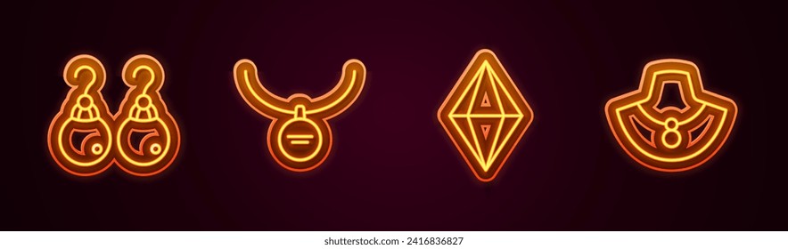 Set line Earrings, Locket on necklace, Gem stone and Necklace mannequin. Glowing neon icon. Vector