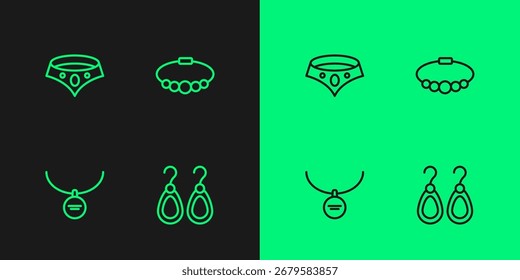 Set Linie Ohrringe, Locket auf Halskette, Halskette und Armband Schmuck Symbol. Vektorgrafik
