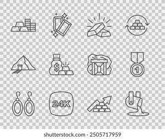 Set line Earrings, Molten gold being poured, Gold bars, 24k, coin with, Bag of, Growth arrow and medal icon. Vector