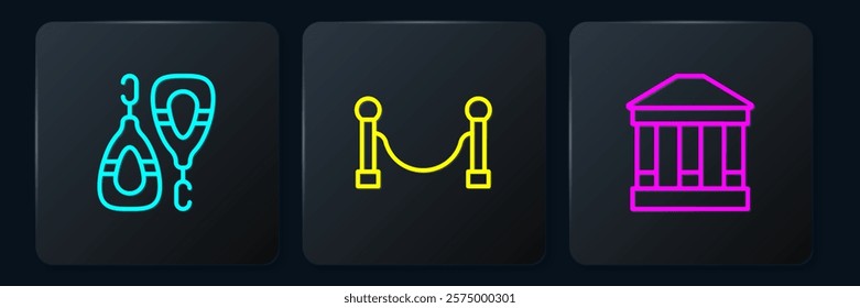 Set line Earrings, Museum building and Rope barrier. Black square button. Vector