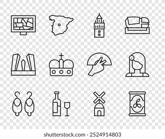 Set line Earrings, Olives can, Giralda, Wine bottle with glass, Picture art, Crown of spain, Windmill and Spanish woman icon. Vector