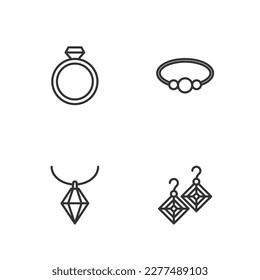 Set line Earrings, Pendant on necklace, Diamond engagement and Bracelet jewelry icon. Vector