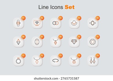 Set line Earrings, Pendant on necklace, Bracelet jewelry, Christian cross chain, Diamond engagement,  and  icon. Vector