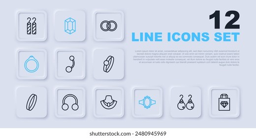 Set line Pendientes, joyería de bolso de compras, Piercing, compromiso de diamante, piedra preciosa y collar maniquí icono. Vector