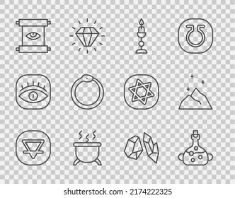 Set line Earth element, Poison in bottle, Burning candle, Witch cauldron, Ancient magic scroll, Ouroboros, Magic stone and powder icon. Vector
