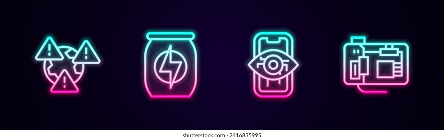 Fijar la línea Tierra con el signo de exclamación, la bebida Energy, la visión de la computadora y la tarjeta madre. Icono de neón brillante. Vector