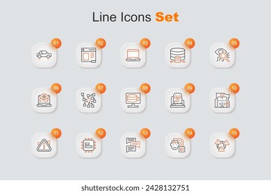 Set line Earth with exclamation mark, Humanoid robot, Speech bubble chat, Processor CPU, Exclamation in triangle, Futuristic sliding doors, Radioactive warning lamp and Cloud database icon. Vector